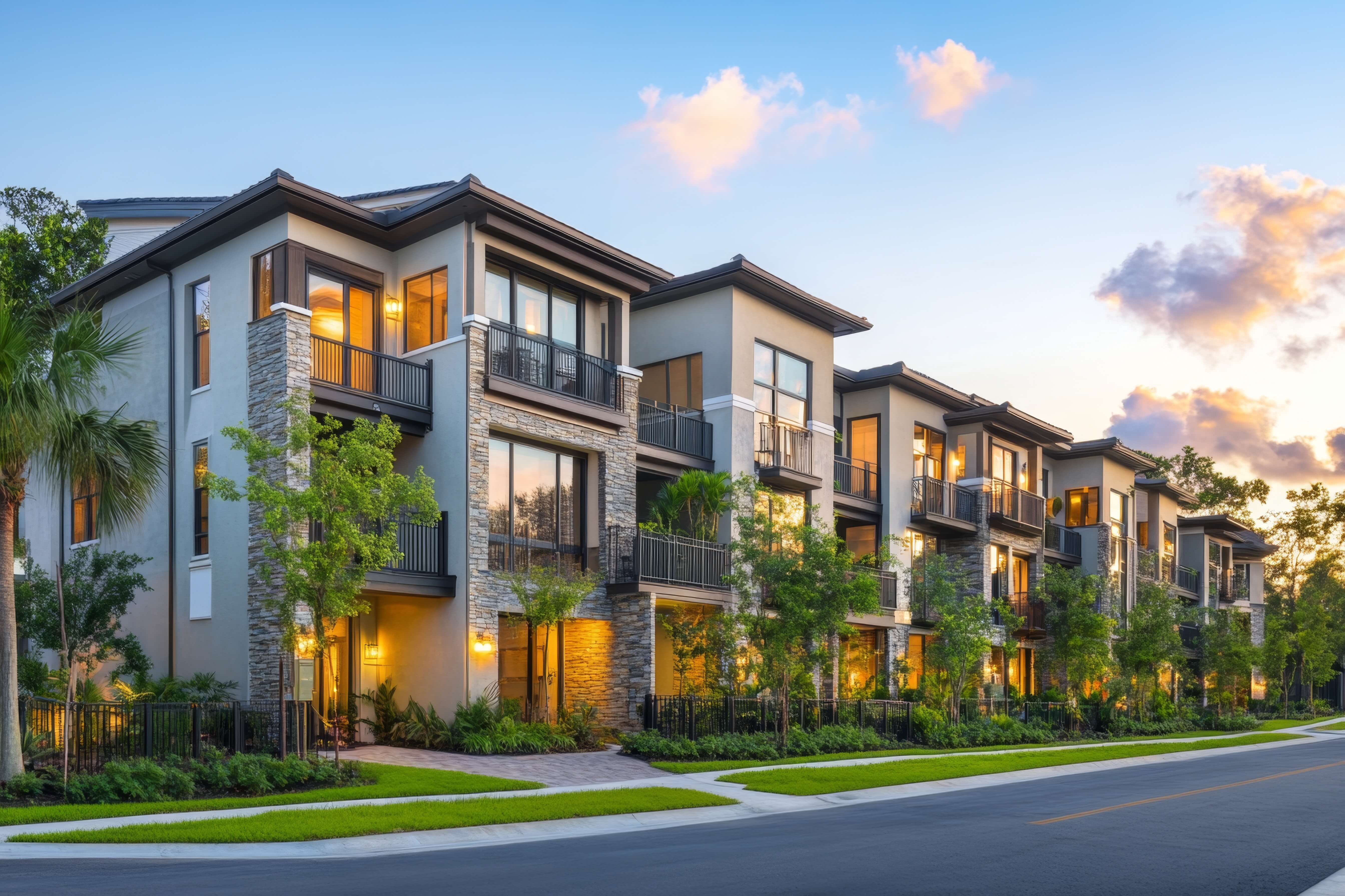 Modern condominium building at sunset, highlighting the importance of American Integrity’s condo insurance to protect units, belongings, and liability for residents