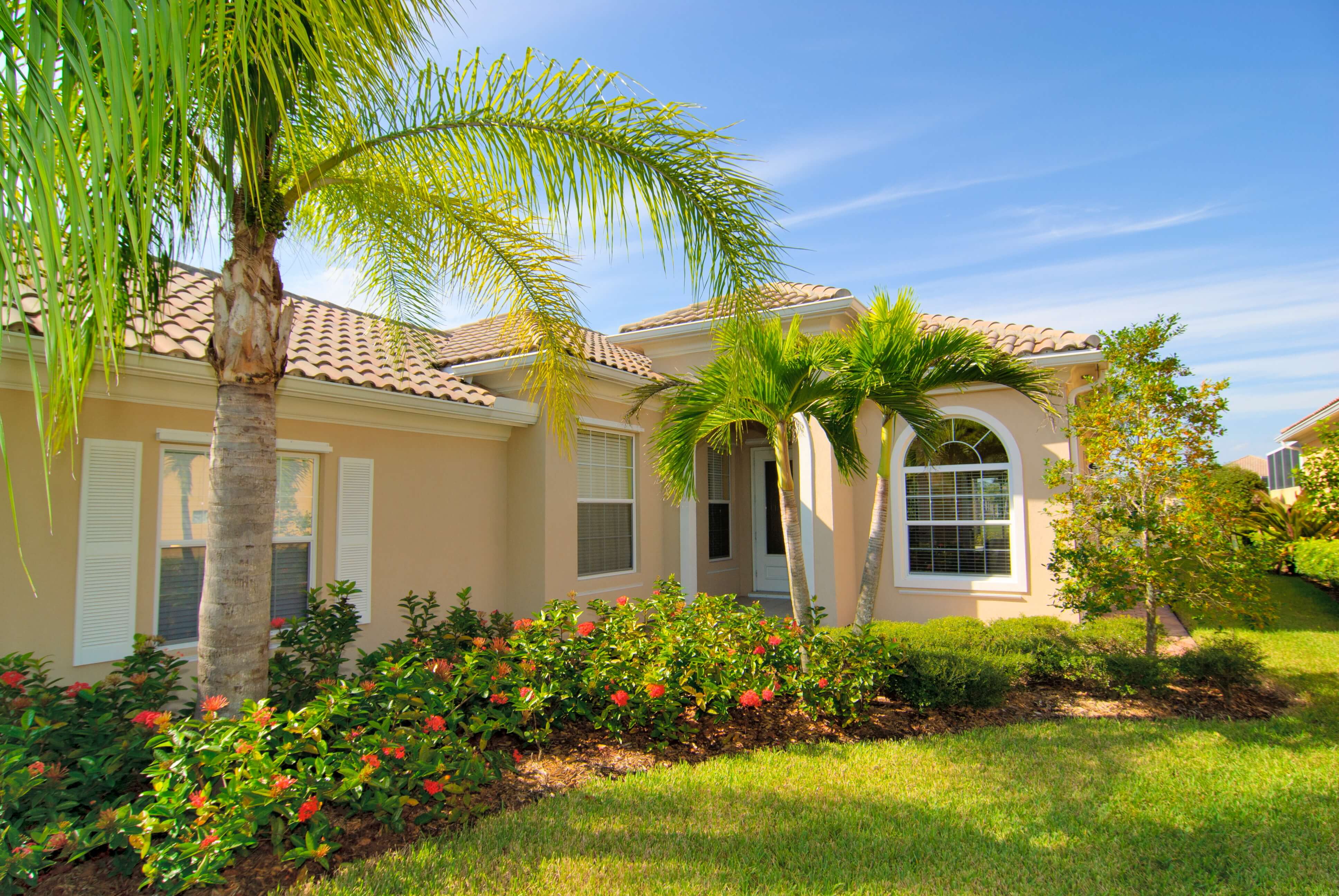 Florida home with palm trees and landscaping, representing affordable ValueGuard Property Insurance™ that provides essential protection against wind and fire for homeowners.